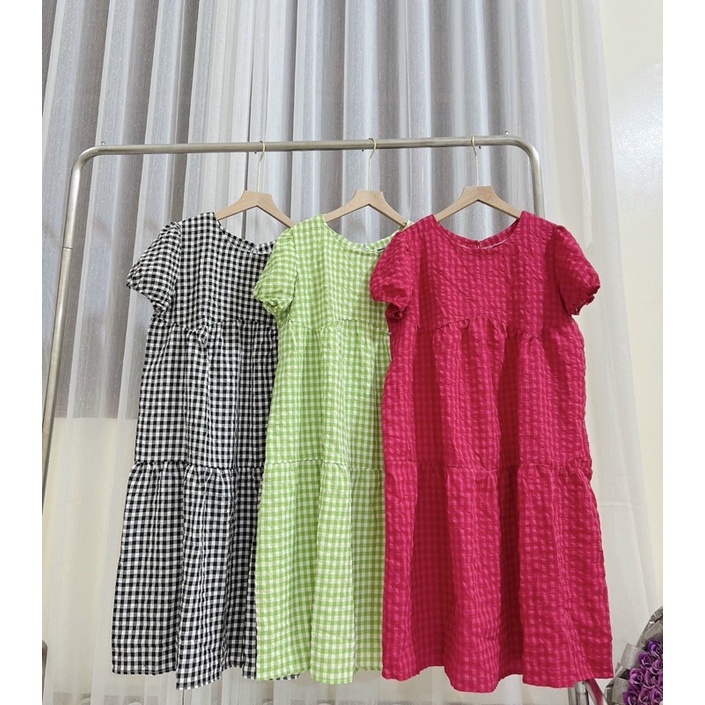 Đầm kẻ dáng babydoll tay phồng siêu xinh bầu bí mặc được