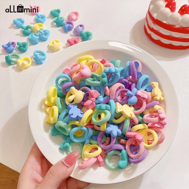 Bộ 10 Dây Cột Tóc Co Giãn Cao Màu Kẹo Họa Tiết Hoạt Hình Dễ Thương Cho Bé