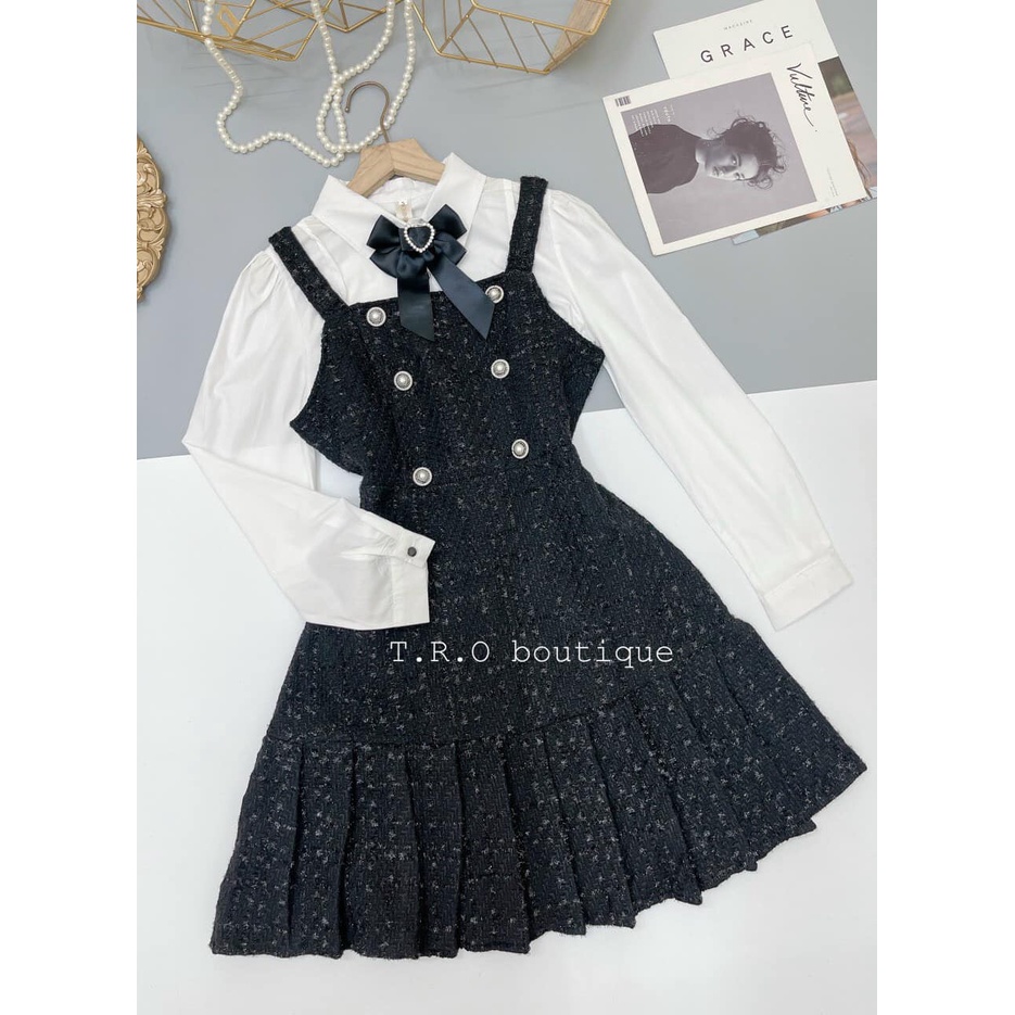 Sset yếm dạ_Váy dạ tweed, phối sơ mi kèm tag nơ