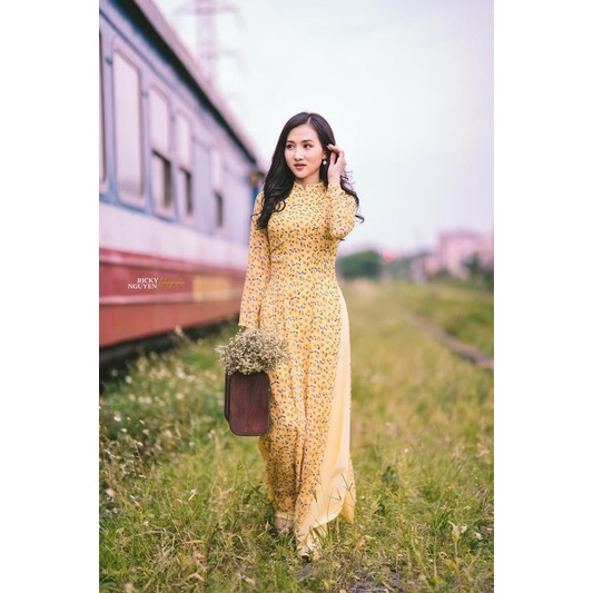 Áo dài hoa nhí vàng xanh lụa Hàn Châu MINH ANH Fashion