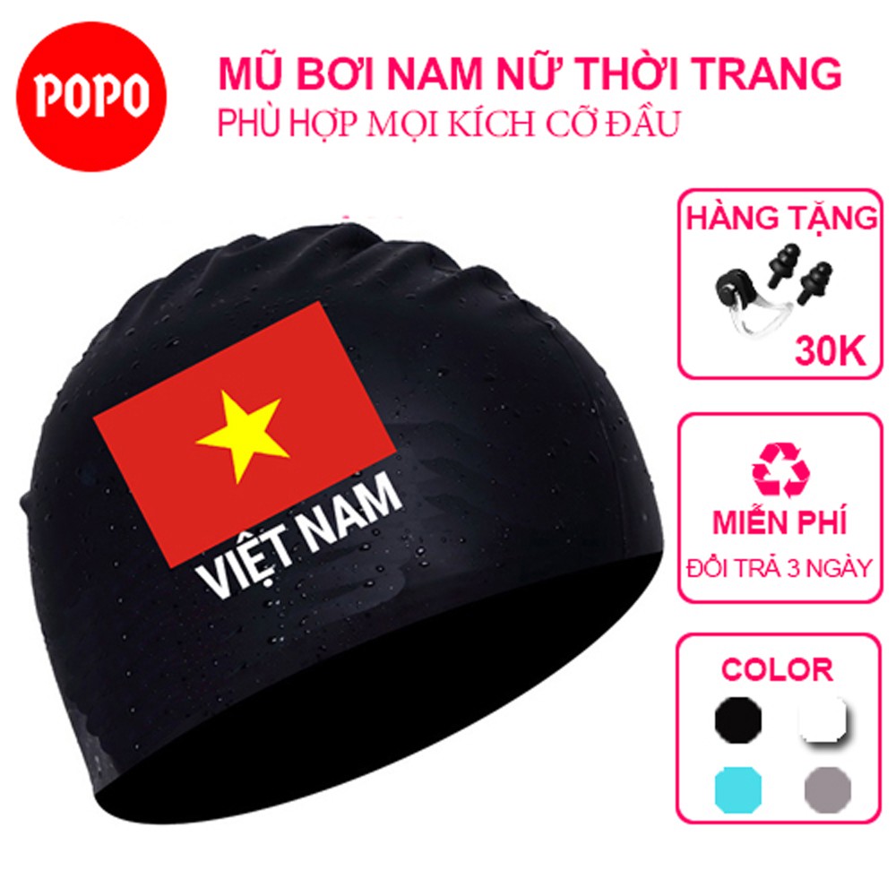 Mũ bơi người lớn silicone CA40 chính hãng POPO in Cờ Việt Nam nón bơi người lớn (nam, nữ) ngăn nước dùng thi đấu tập bơi