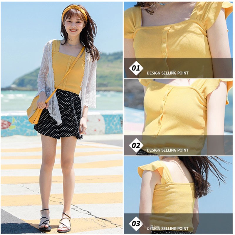 Áo croptop dệt kim màu trơn phối nút thời trang cho nữ