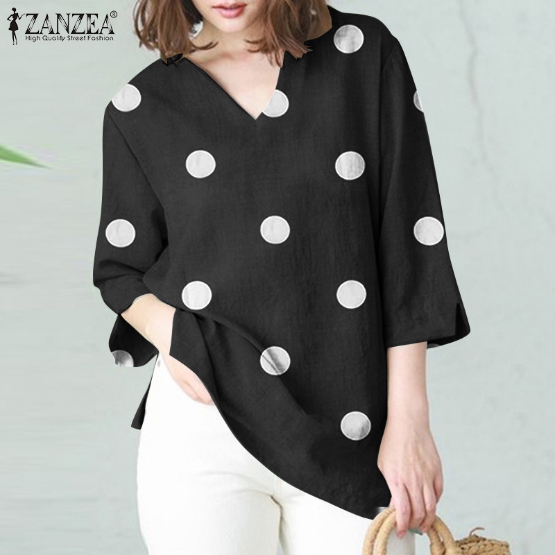 ZANZEA Áo Nữ Tay 3 / 4 Cổ Chữ V Họa Tiết Chấm Bi Thời Trang