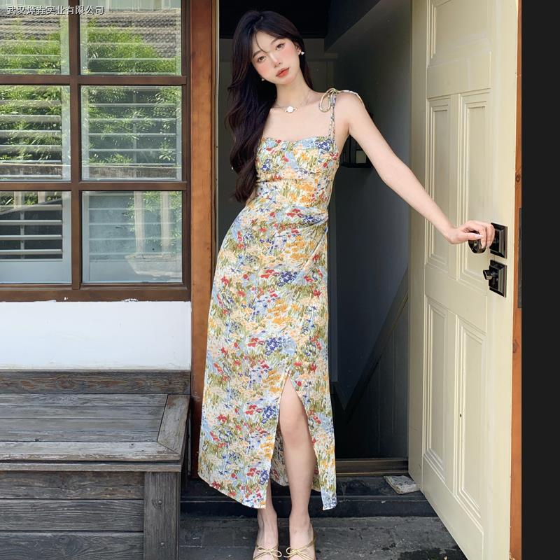 ✑Đầm Dài Hai Dây Xẻ Tà Họa Tiết Hoa Tranh Sơn Dầu Ôm Eo Dành Cho Bạn Nữ Đi Biển Nghỉ Mát