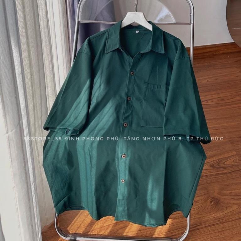 Áo Sơ Mi Tay Ngắn Trơn 1 Túi Màu Xanh Unisex