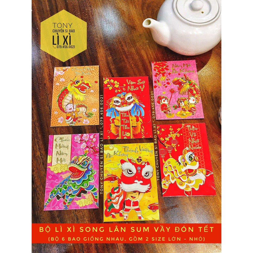 [TẾT] BỘ 6 BAO LÌ XÌ SONG LÂN SUM VẦY ĐÓN TẾT - IN NỔI 3D - GIẤY LÁNG