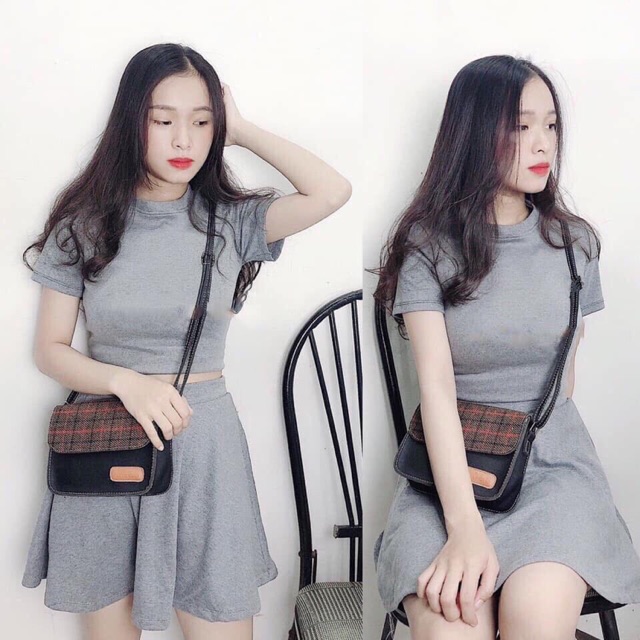 Set Áo Croptop Tay Ngắn + Chân Váy Xoè (Kèm Ảnh Thật) - SD07