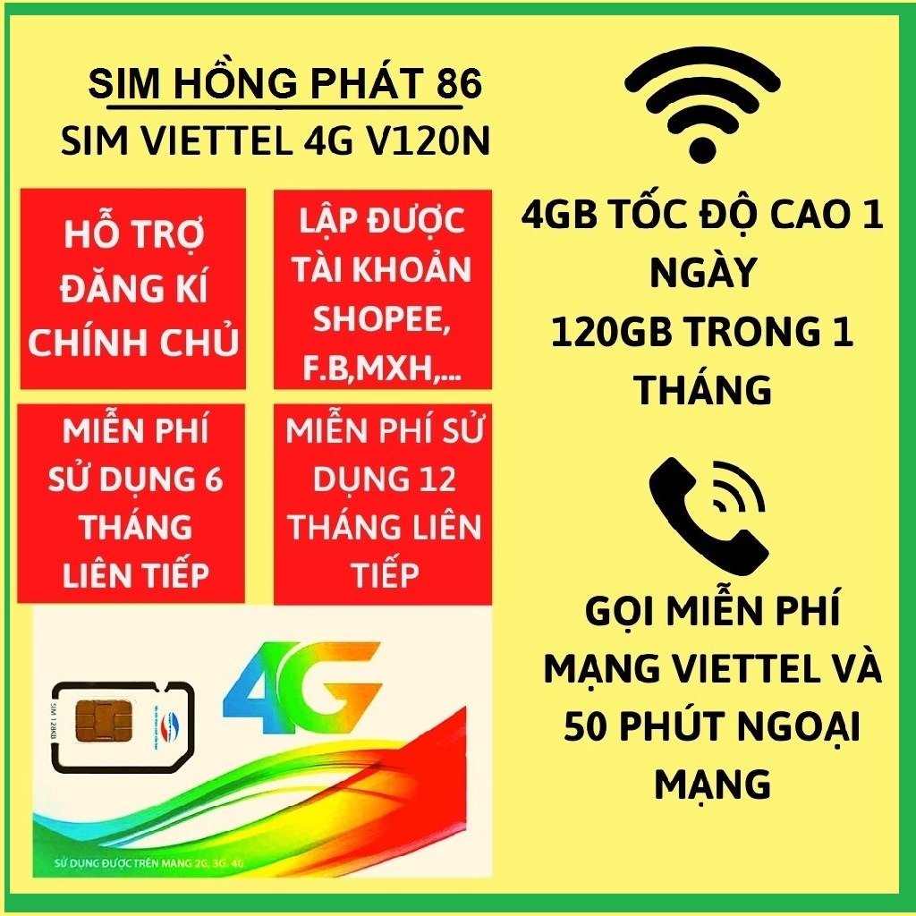 Sim 4G Viettel V90( V120N)ngày 4GB/ngày Gọi Miễn Phí Viettel - Tặng 50p Gọi Ngoại Mạng, Max băng thông,sim có Ipv4,Ipv6