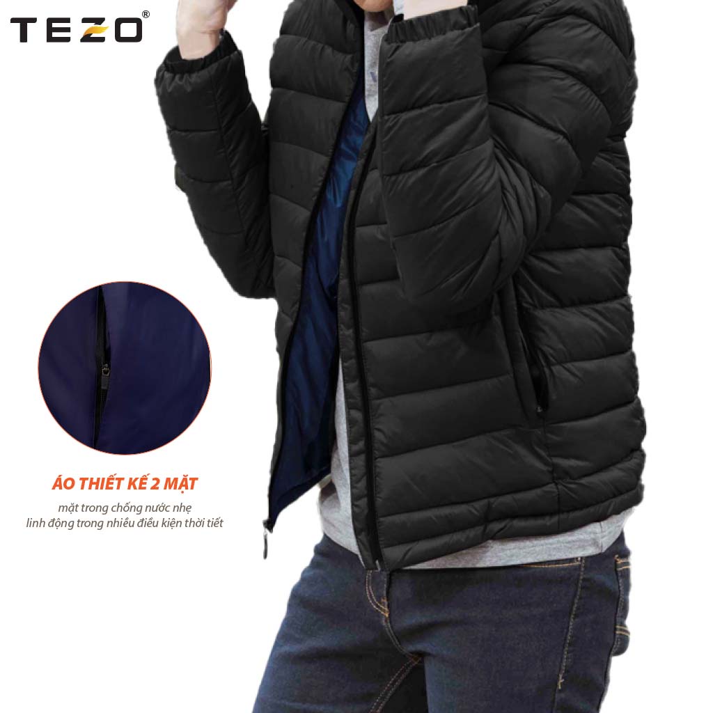 Áo khoác nam TEZO, áo phao nam bông xay hai mặt có mũ mã 2111APBX02
