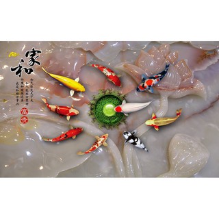 Tranh dán tường 3d phong thủy cửu ngư quần tụ binbin pt39