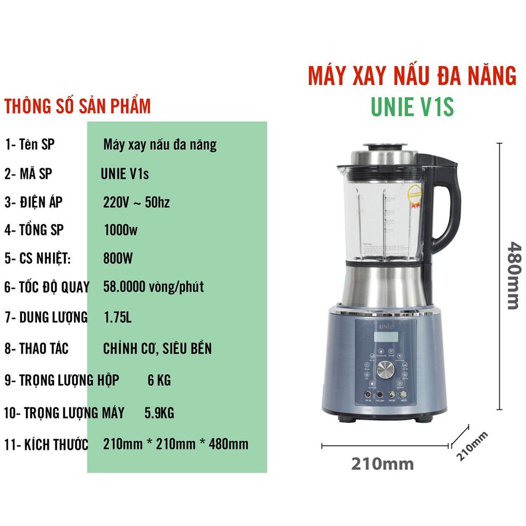 Máy làm sữa hạt đa năng UNIE V1S 1800W dung tích 1,75L hàng chính hãng