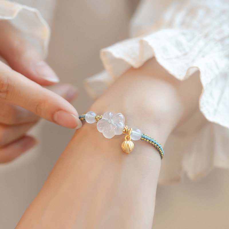 [Hàng Mới] Vòng Tay Dây Bện Đính Đá Mã Não Trắng Phong Cách Retro