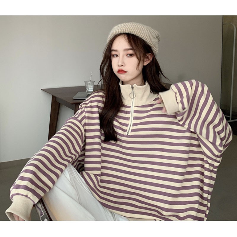 [ Mã 11FASHIONSALE1 giảm 10K đơn 50K ] Áo Sweater Vải Cotton Mỏng Dáng Rộng Kẻ Sọc Phối Khóa Kéo Cá Tính | BigBuy360 - bigbuy360.vn