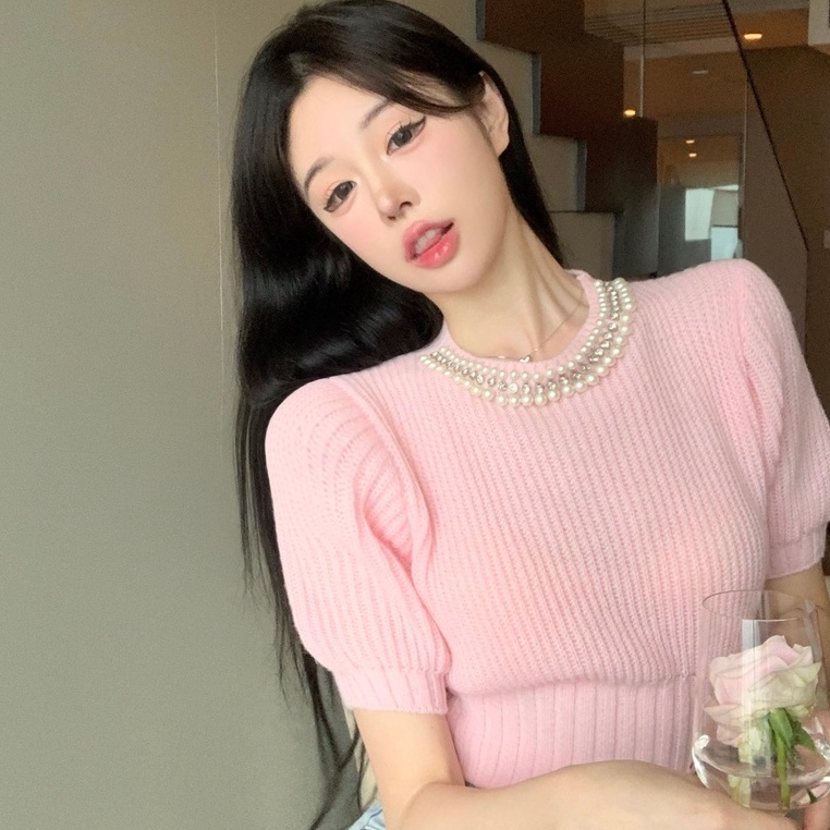 Áo kiểu ZHELIHANGFEI dệt kim tay ngắn đính chuỗi dây ngọc trai nhân tạo xinh xắn dành cho nữ