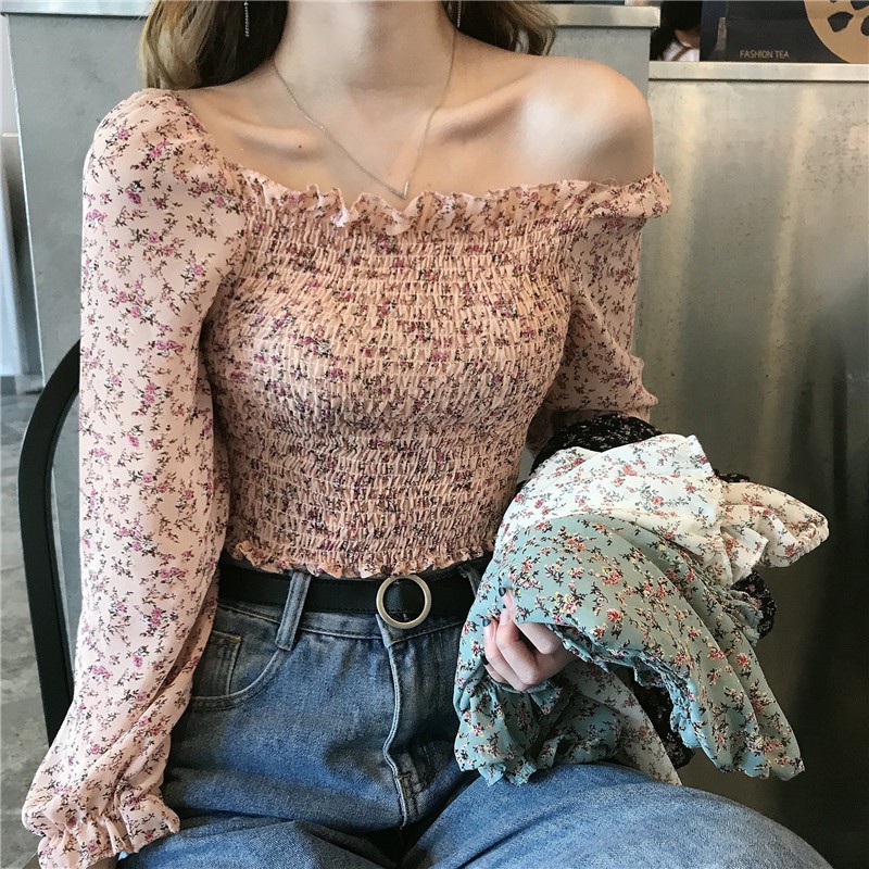 Áo Kiểu Vải Voan Xếp Ly In Hoa Ngọt Ngào Thời Trang Cho Phụ Nữ