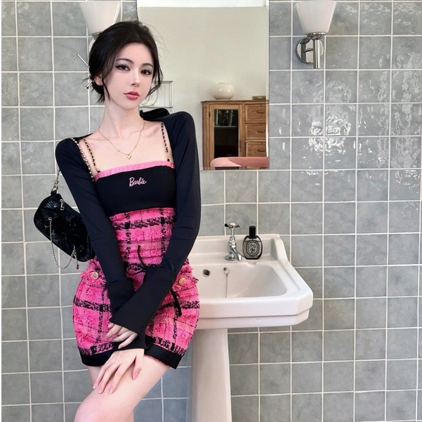 Bộ Đầm Hai Dây Ôm Dáng + Áo Khoác Cardigan Ngắn Tay Dài Chống Nắng Phối Màu Tương Phản Thời Trang Thu Đông Hàn Quốc Cho Nữ