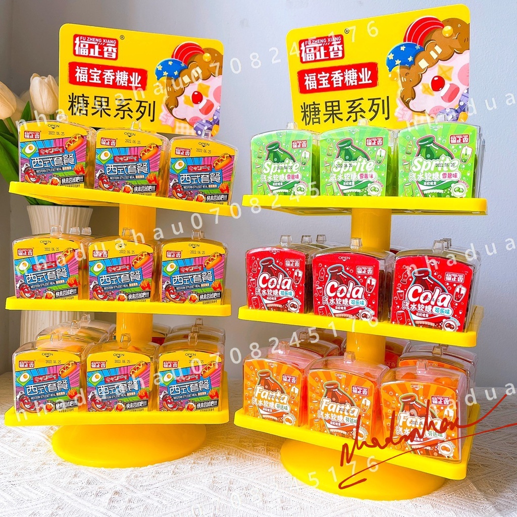Hot - Một hộp kẹo dẻo burger/ cola/ sprite/ fanta Tháp Chú Hề Hongkong hình hộp mứt cúp lớn 100gam
