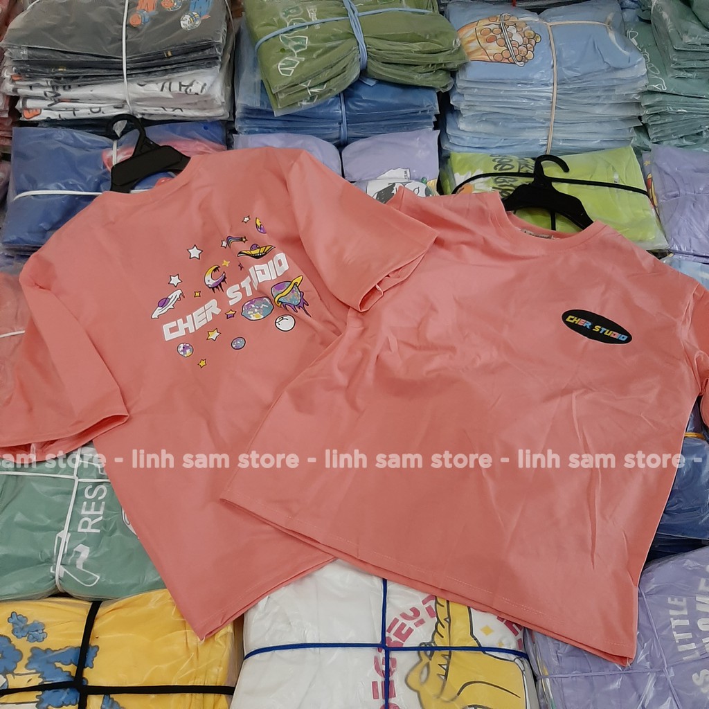 Áo thun tay lỡ nữ freesize phông form rộng dáng Unisex, mặc lớp, nhóm, cặp in chữ CHER STUDIO màu hồng | BigBuy360 - bigbuy360.vn