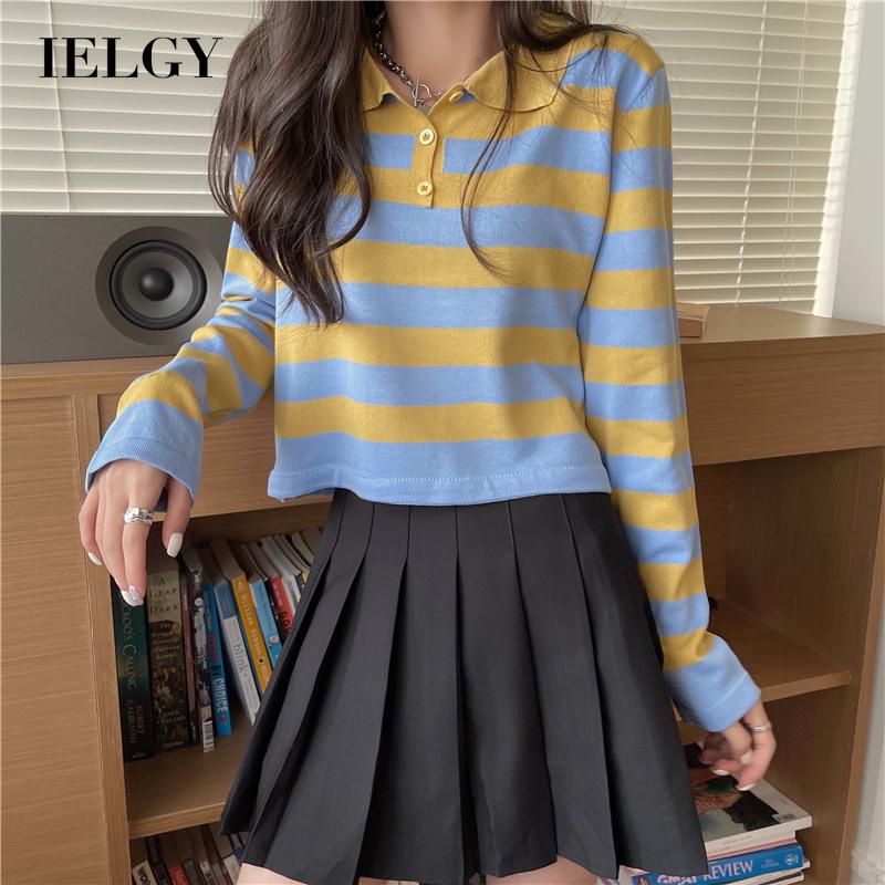 Áo thun polo IELGY dệt kim tay dài in họa tiết kẻ sọc thời trang dành cho nữ