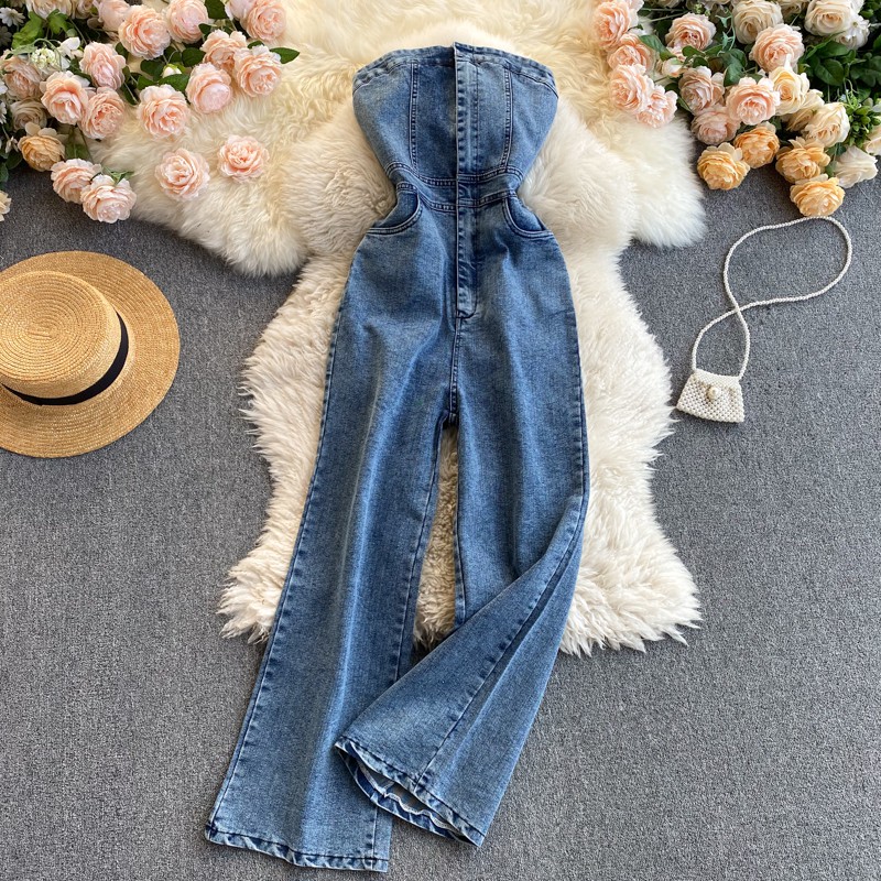 Jumpsuit, đồ bay jean dài ống rộng cúp ngực, siêu sang