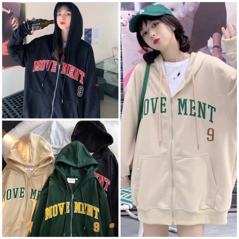 Áo Khoác Nỉ Hoodie Kéo Khóa Zip Thêu chữ Movement Nhiều Màu Unisex Nam Nữ( Hàng Sẵn)