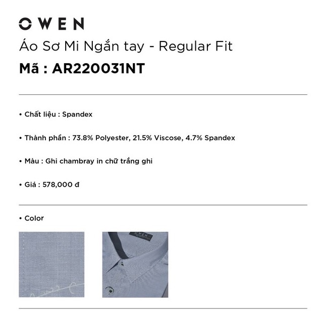 Áo sơ mi nam ngắn tay OWEN AR220031NT somi công sở vải polyester cao cấp màu ghi chữ trắng dáng suông tà lượn có túi