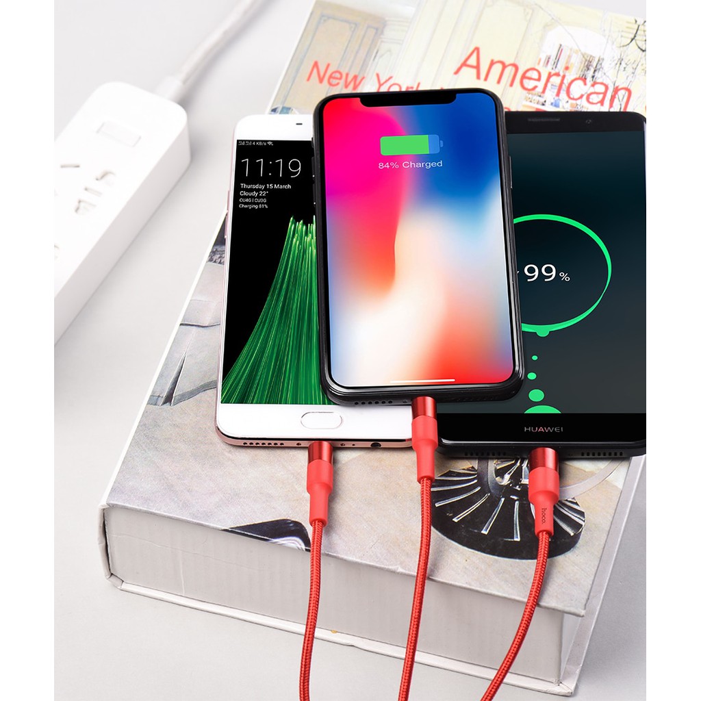 Cáp Sạc Nhanh 3 Đầu Chống Đứt Gãy Hoco X26 Lighting Micro Usb Type C dây dù dài 1m cho Iphone Ipad samsung xiaomi vsmart