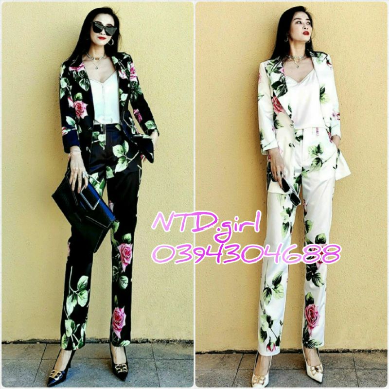 Hàng nhập - Set bộ vest nữ dài vải cotton lụa in hoa lá, sét đồ blazer thời trang công sở hay đi chơi đều đẹp