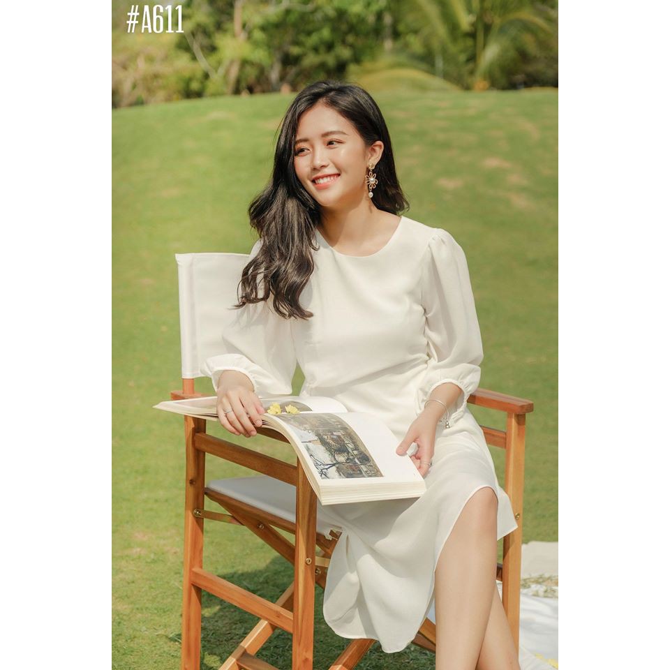 Đầm lụa lệch tà đính ngọc thanh lịch