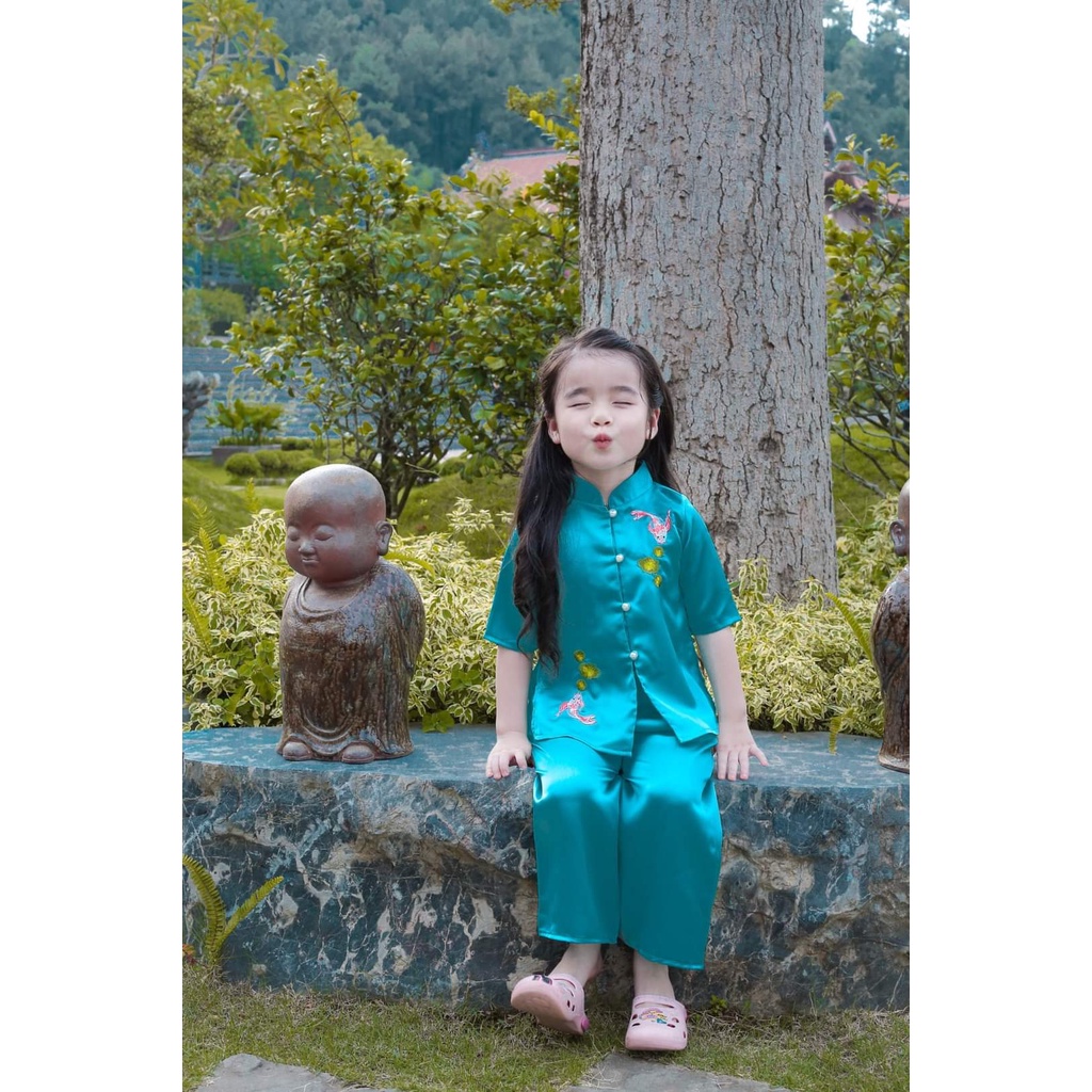 Đồ Lam Đi Chùa Bé Gái - Bộ Đi Lễ Chùa AL018 Trang Nhã Thêu Cá Ngọc Xinh Lung Linh Dành Cho Bé BÉ - AL018