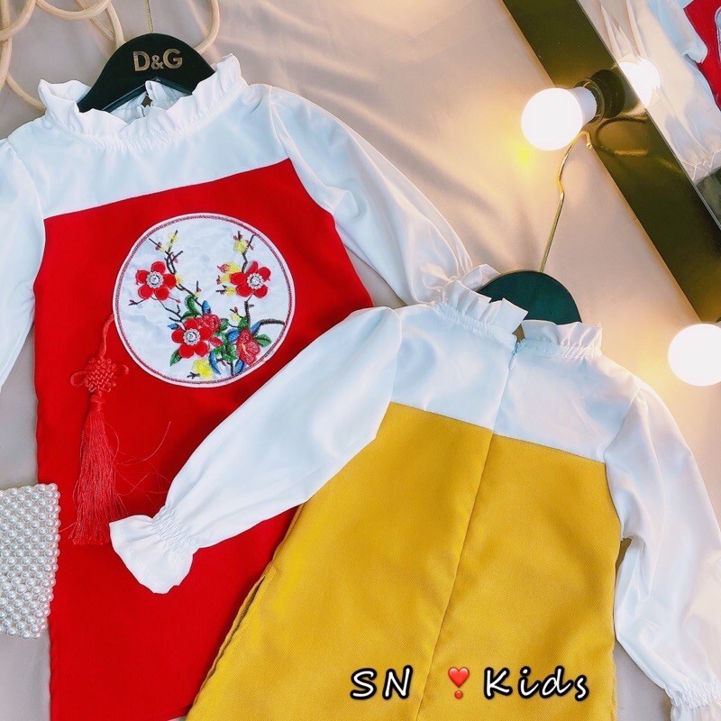 Set Áo dài cách tân hoa mai cho bé gái từ 8-22kg