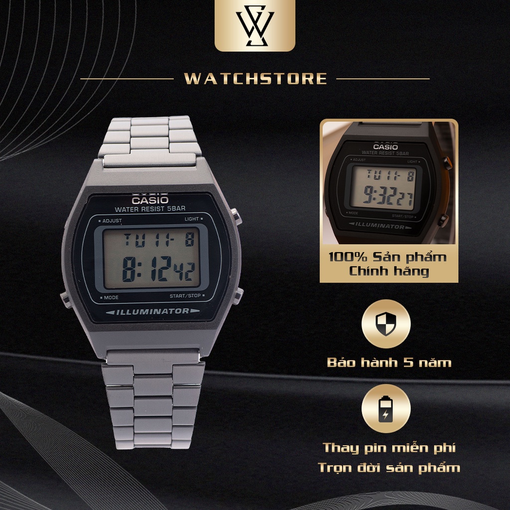 Đồng Hồ Điện Tử Nam Casio WATCHSTORE B640WB-1ADF Thiết Kế Mặt Kính Vuông Nhựa 35mm, Dây Đeo Kim Loại Và Vỏ Nhựa Màu Đen