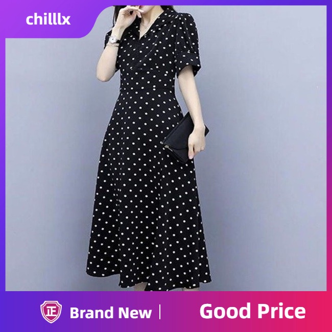 Đầm Dài Dáng Chữ A Cổ Chữ V Tay Loe Họa Tiết Chấm Bi Đơn Giản Thời Trang Mùa Hè Dành Cho Nữ