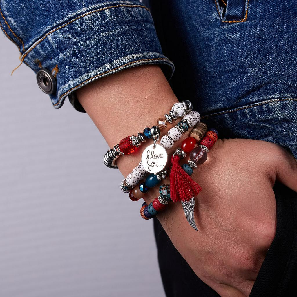 Set 4 vòng tay chuỗi hạt RINHOO FRIENDSHIP co giãn phối mặt khắc chữ I love you thời trang unisex