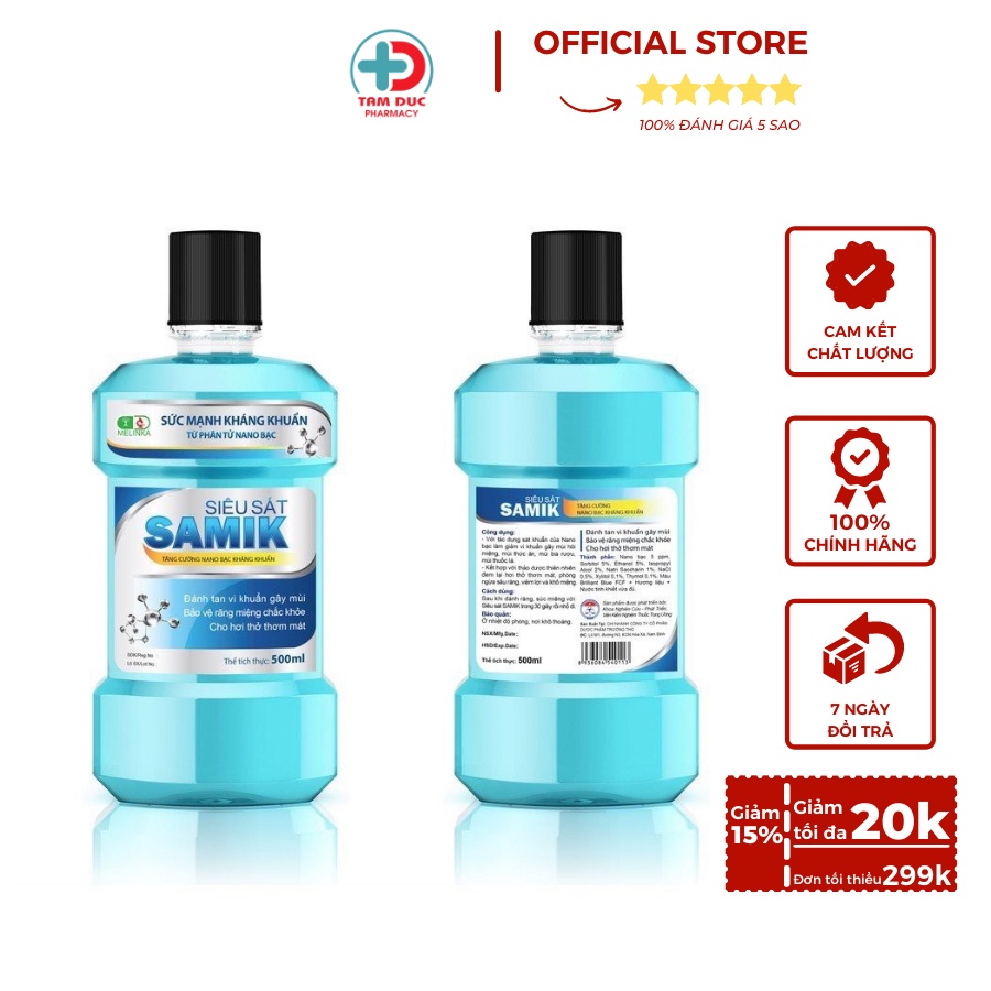 Nước súc miệng Samik Nano Bạc 500ml -  Ngăn ngừa chứng hôi miệng, mảng bám, chảy máu chân răng