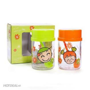 Bộ đôi 2 lọ thủy tinh đựng gia vị có nắp đậy + thìa siêu cute