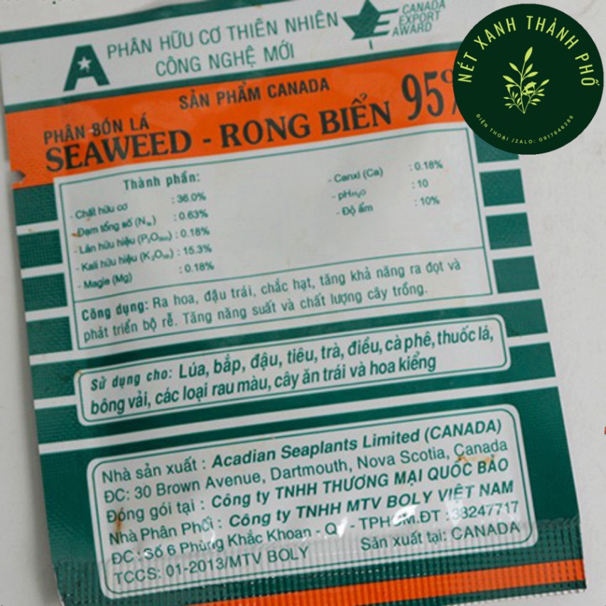 Phân Bón Lá hữu cơ 95% Rong Biển SEAWEED, Phân Hữu Cơ Khoáng Vi Sinh 10gr