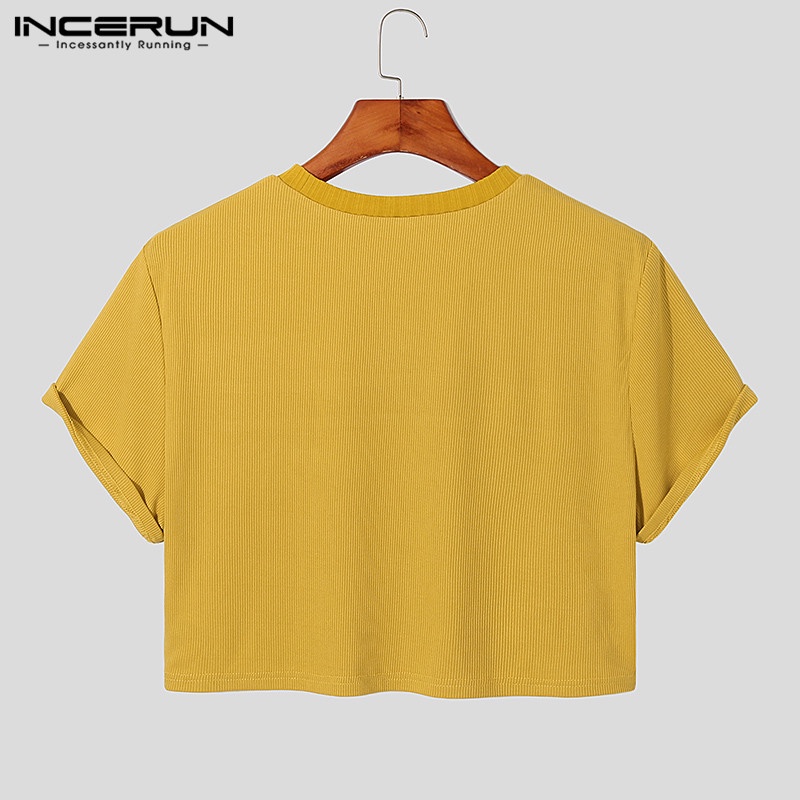 Áo thun Incerun dệt kim tay ngắn màu trơn cá tính cho nam