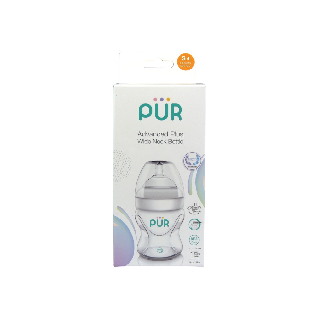 Combo 2 bình sữa Pur cổ rộng 150ml đi kèm núm S - Tặng gói khăn ướt Pur loại lớn 80 tờ