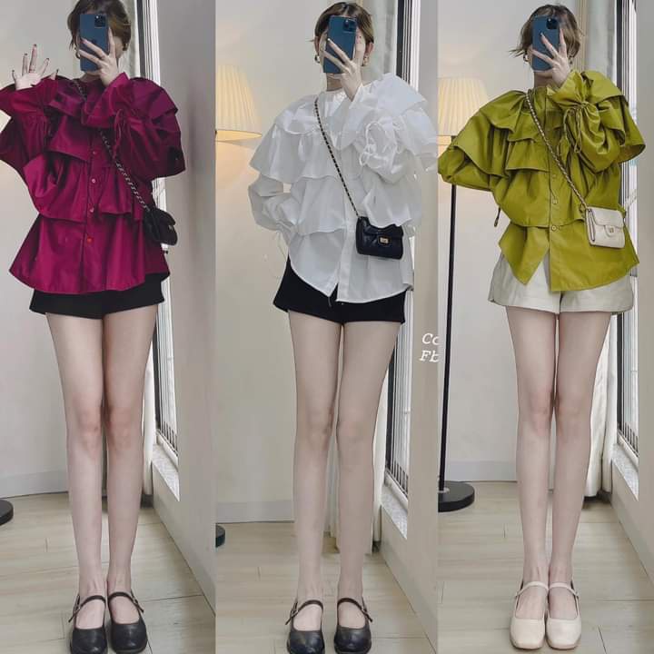 Áo  sơ mi kiểu bèo tầng  cổ tròn, tay dài bo rút thắt nơ xinh xĩu