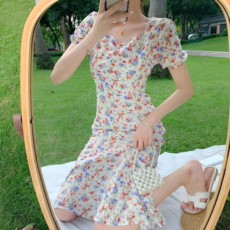 Đầm chiffon Dáng Chữ A Họa Tiết Hoa Phong Cách Pháp Cổ Điển Thời Trang Mùa Hè Hàng Mới