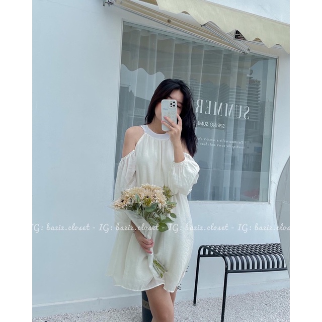 Váy tơ khoét vai cột dây sau