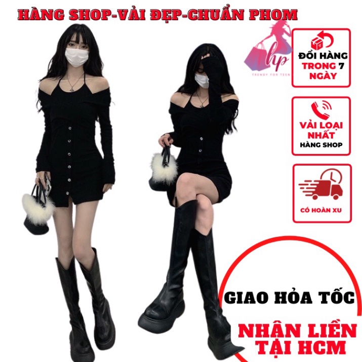Váy đầm yếm trễ vai tay dài nữ ôm body đính cúc thun gân mầu đen kiểu hàn quốc thời trang sang chảnh sexy -VD206 -HPmn