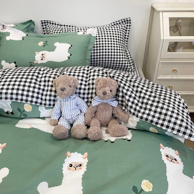 Bộ chăn ga gối Cotton poly M2T bedding, vỏ chăn mền, drap ga giường và 2 vỏ gối nằm - Pl Cừu xanh