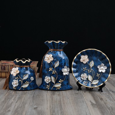 Bộ Đồ 3 Chi Tiết gồm 2 bình Hoa và 1 đĩa Trang Trí Bằng Gốm Cao Cấp/Đồ Decor Bằng Gốm