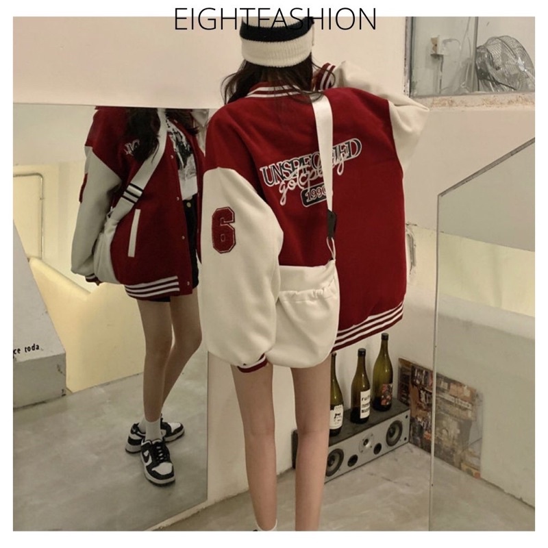 Áo Khoác Varsity Jacket Bomber Thêu Hình Màu Đỏ Nâu Nổi Bật Eightfashion ABB100