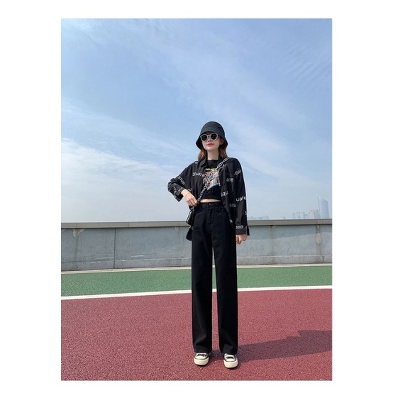 Quần bò ống rộng nữ đen cạp cao Pink Apricot Shop | BigBuy360 - bigbuy360.vn