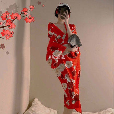 quyến rũ&kích thích& ❁Red Cherry Blossom Kimono Girl Pyjama Cos Nhật Bản Spa Áo choàng Nhật Bản Retro Cải thiện Trang ch