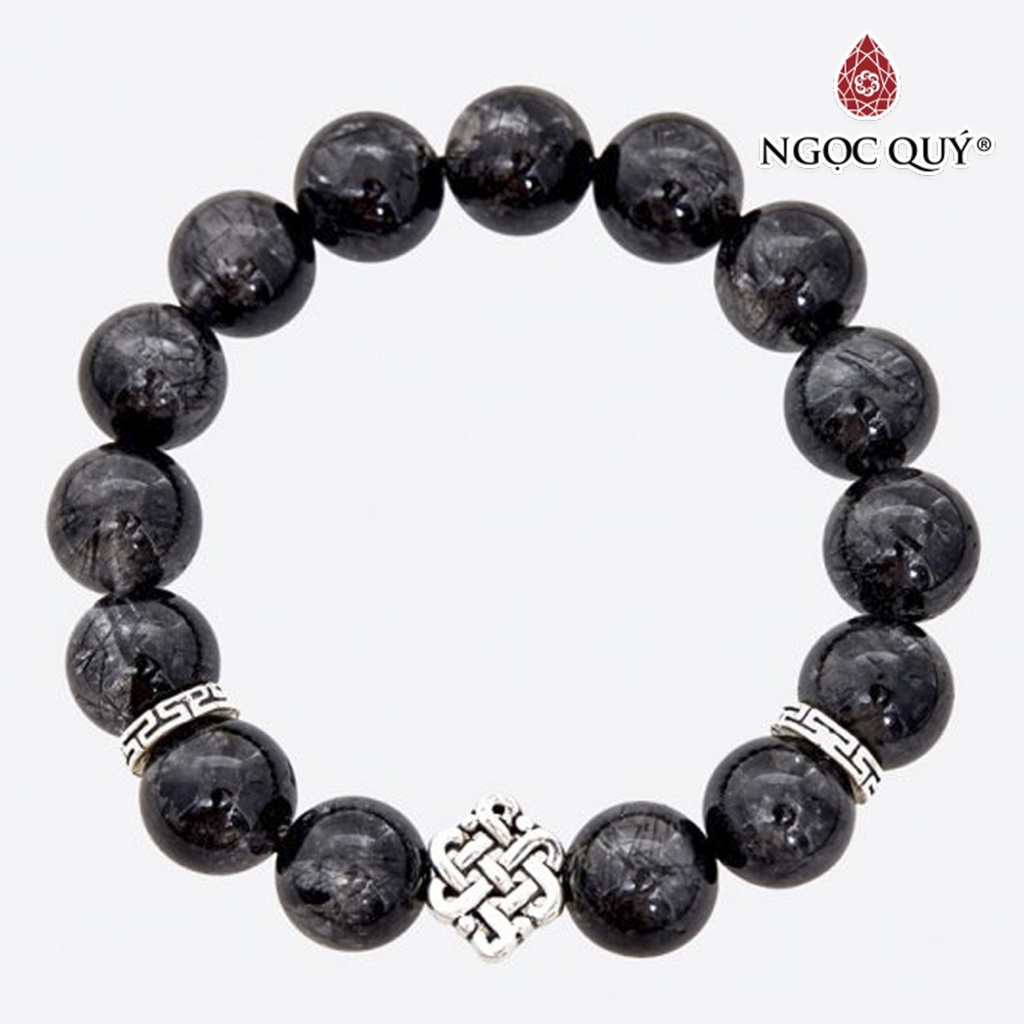 Vòng tay đá TA tóc đen phối charm bạc đồng tâm 11mm - Ngọc Quý