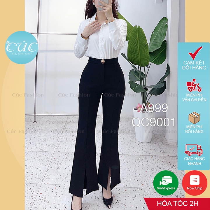 Quần ống loe Cúc Fashion quần baggy nữ lưng cao vải đẹp dày dặn dài suông xẻ trước công sở đen thời trang đi học QC9001